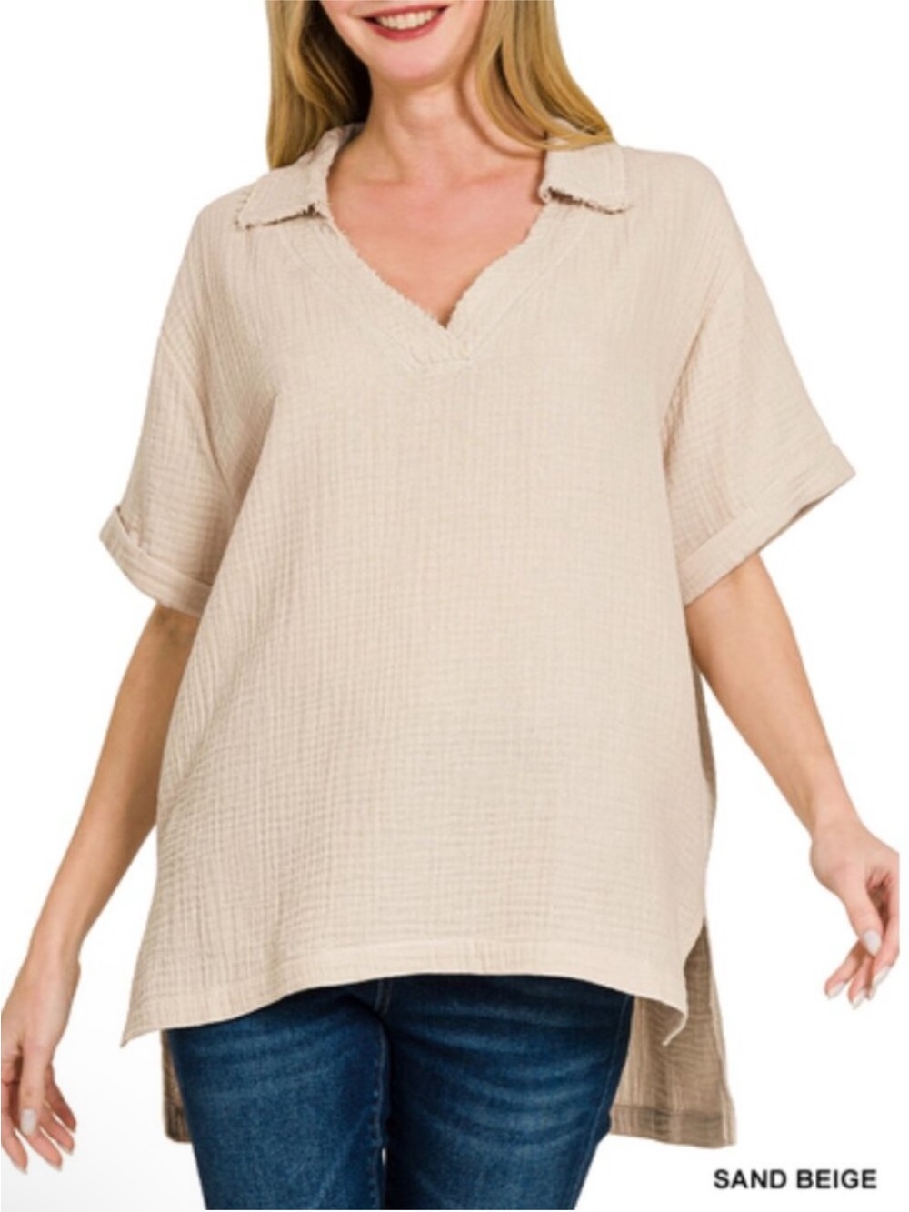 NWOT ZENANA Sand Beige V-Neck GAUZE Women’s Top SIZE XL
